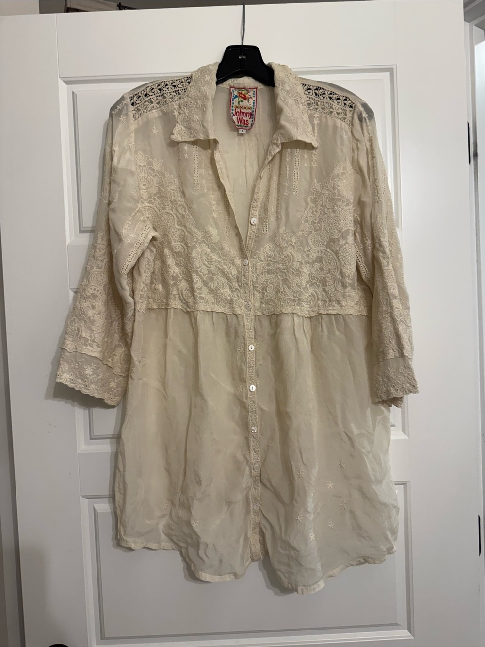 Johnny Was Cream Embroidered Lace Button-Front Women’s Top tunic small